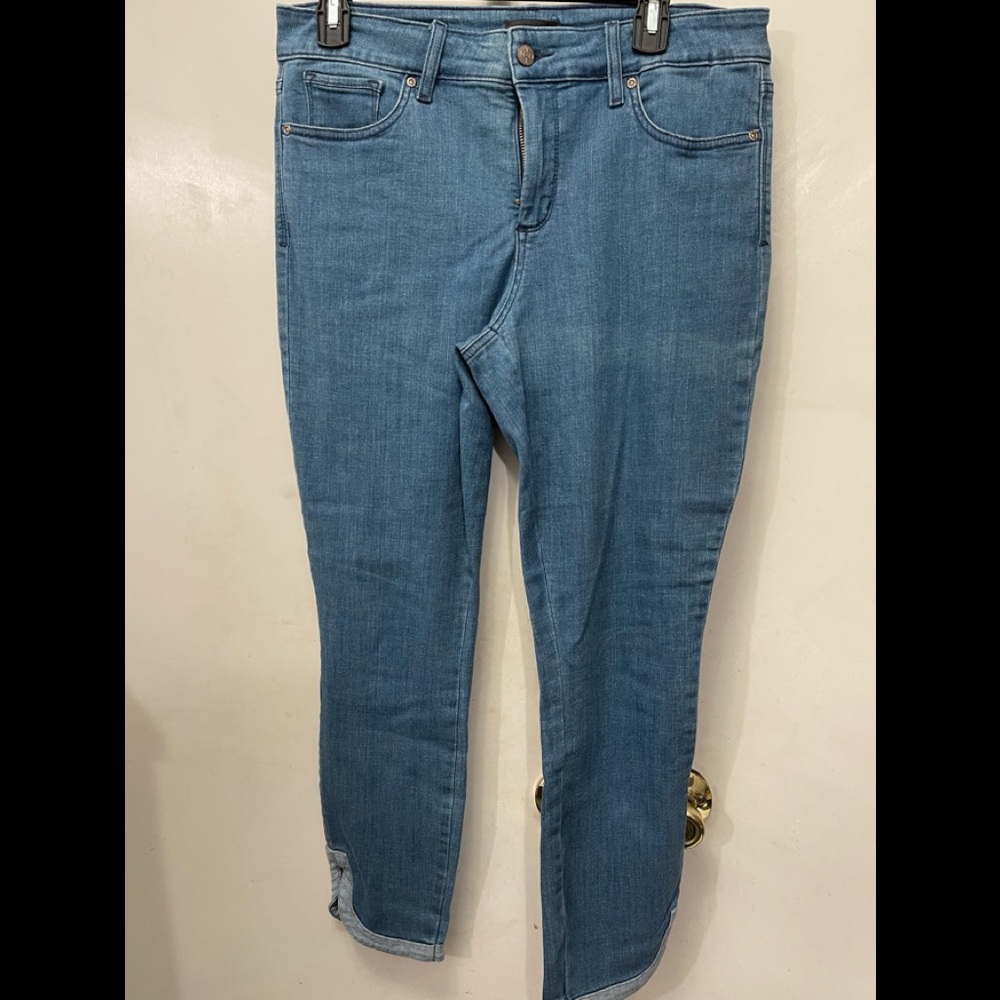 NYDJ cropped slim leg jeans.  Size 10.  Lots of give.   Med wash color.